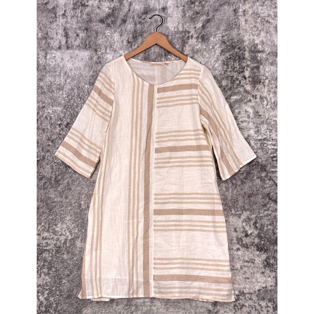 Soft Surroundings Dress Medium Womens Striped Linen Blend 3/4 Sleeve
